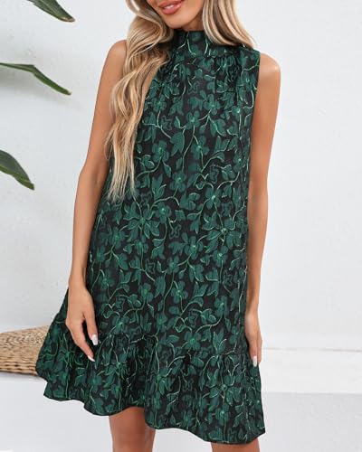 Women's Jacquard Tie Back Mini Swing Dress Mock Neck Sleeveless Ruffle Hem A-line Party Cocktail Dresses2