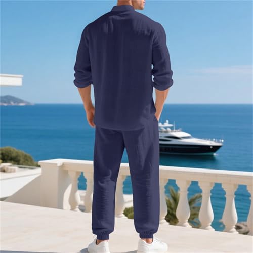 Men's Stylish 2 Piece Linen Shirts Suit Henley V Neck Pants set Retro Soft Casual Wear4