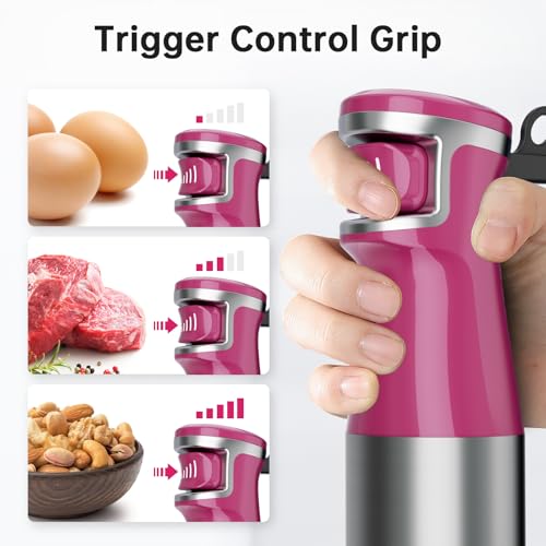 Image of Turelar Immersion Blender Handheld Corded Hand Blenders Set 1100W, Trigger Variable Speed 5 in 1 Stick Emulsifier with Chopper, Whisk and Frother for Soup, Baby Food and Smoothies, Rose Red