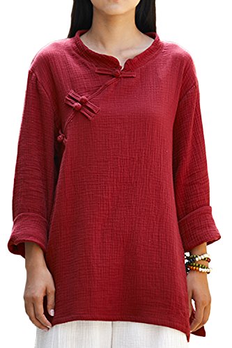 ASHER FASHION Women's Chinese Style Long Sleeve Linen Top Blouses with Split Sides (One Size, Wine Red)