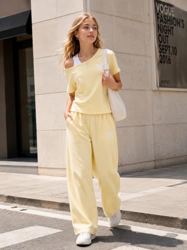 Image of Teen Girls Clothes Off the Shoulder Top and Wide Leg Pants Matching Outfit Set with Pockets Size 7-16