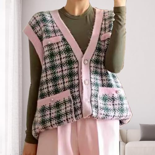 Image of Checkered Sweater Vest for Women Sleeveless V Neck Button Down Knit Tank Tops Trendy Fall Loose Cardigan Vest