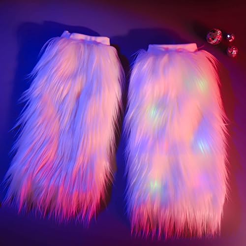 CanB White Faux Fur Leg Warmers Light Up Rave LED Leg Cover 80s Winter Furry Long Boot Covers Sexy Fun Dance Hosiery for Women4