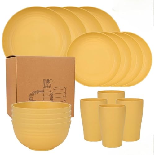 割れない ZAZY ディナープレート 16 枚 ストロー食器セット 8 人暮らし ブラック 電子レンジ対応 食洗機対応 再利用可能カトラリー (K)