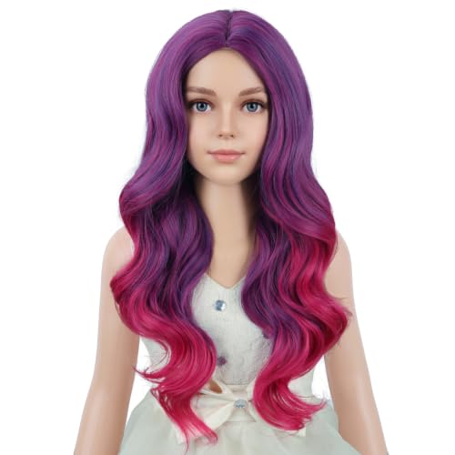 Image of PATTNIUM Purple Ombre Pink Wig for Kids Girls Long Curly Wigs Purple and Pink Middle Part Heat Resistant Synthetic Wigs with Wig Cap