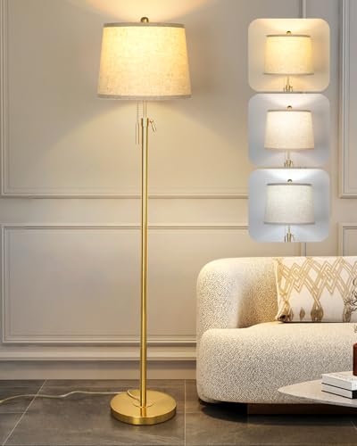 Gold Floor Lamp for Living Room 55-65" Adjustable Modern Brass Standing Lamp with Pull Chain Tall Pole Light with Beige Shade for Bedroom Reading Office Corner Nursery 9W LED Bulb Included 3 ColorTemp