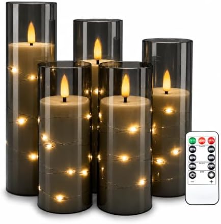 Da by 5 Velas LED Grises con Tubo Exterior y Luces Hada Internas,...