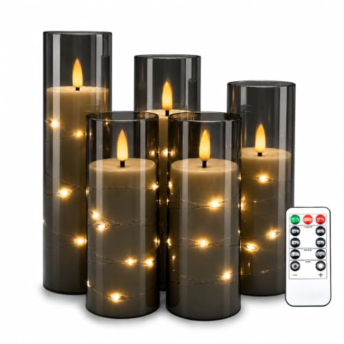 5 Bougies LED Grises Transparentes avec Guirlande Lumineuse, Flamme Scintillante Réaliste, Télécommande Incluse, Effet Verre, Plastique Réutilisable...
