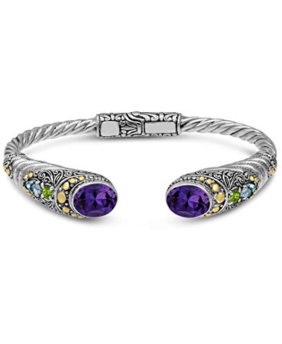 Devata Sterling Silver 925 And 18K Gold With Amethyst, Peridot And Blue Topaz Bali Filigree Cuff Bracelet Dhk3585Am (Size M) #TOP1