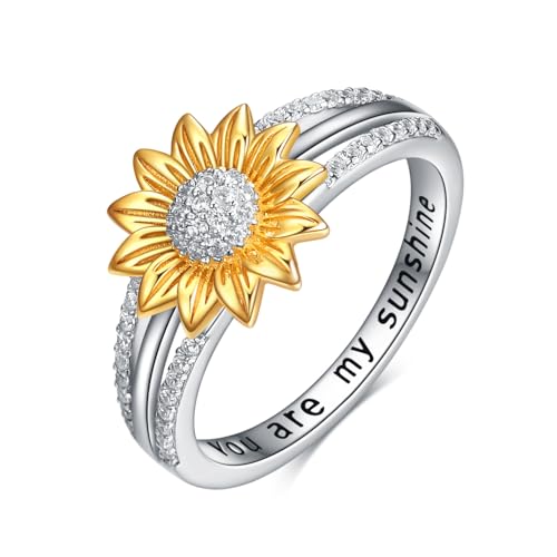 YFN Sterling Silver You are My Sunshine Sunflower Statement Ring with Cubic Zirconial Band Gifts