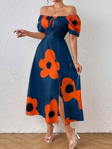 Image of GRECIILOOKS Summer Dress for Woman | Boho Square Neck Long Dress | Women's Puff Sleeve Floral Printed A Line Maxi | Elegant Tie Front Slit Outfit | Comfortable Beach, Vacation, Party & Holiday Outfit