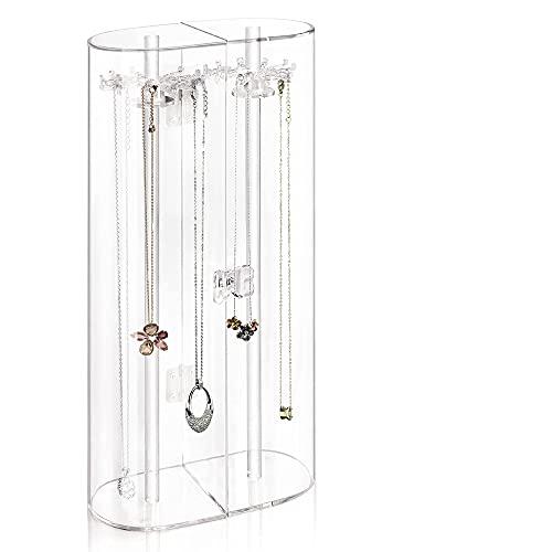 Spinning Tubular Acrylic Jewelry Storage Holder, Rotating Organizer - 24 Hooks For Dressing Table, Cosmetic Stations, Dresser, Bathroom Vanity Countertop - Holds Necklaces, Bracelets Clear #TOP1