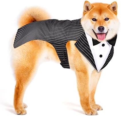 Dog Tuxedo and Bandana Set Dogs Formal Tuxedo PET Wedding Party Suit Wedding Bow Tie Shirt for Wedding Christmas Birthday Costumes (Stripe Style,M)