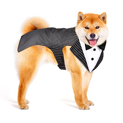 Dog Tuxedo And Bandana Set Dogs Formal Tuxedo Pet Wedding Party Suit Wedding Bow Tie Shirt For Wedding Christmas Birthday Costumes (Stripe Style,M) #TOP16