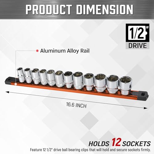 Image of ALOANES 1 /2-Inch Drive Magnetic Socket Organizer, Heavy Duty Aluminum Socket Rail Organizer, 360 Swivel Clips Socket Rail Set For Sockets Storage, 1 /2-Inch Socket Holder x 12 Clips (Orange)