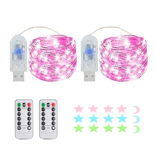 Luci a stringa a LED, 100 LED, funzione timer, 8 modalità Luci a stringa USB impermeabili per esterni/interni con telecomando per camera da letto, cortile, matrimonio, Natale, fai da te, ecc. (Rosa)