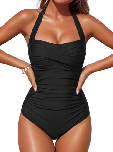Smismivo Tummy Control Swimwear Halter One Piece Slimming Vintage Retro Swimsuit Womens Ruched Plus Size Push Up Bathing Suit Black