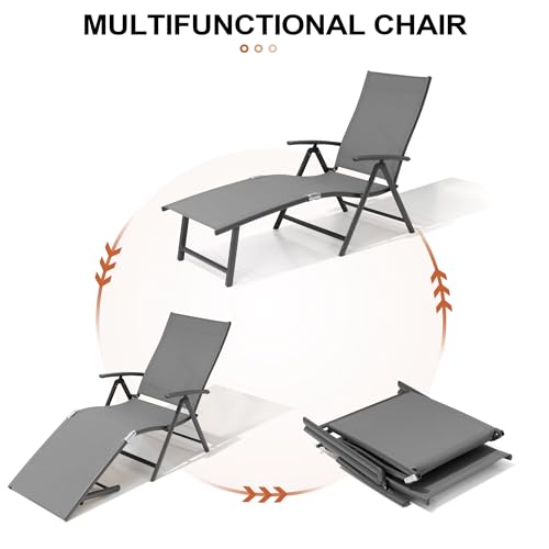 Crestlive Products Folding Patio Chaise Lounge Chair Outdoor, Aluminum Adjustable Outdoor Pool Recliner Chair, Assemble-Free, 8 Positions