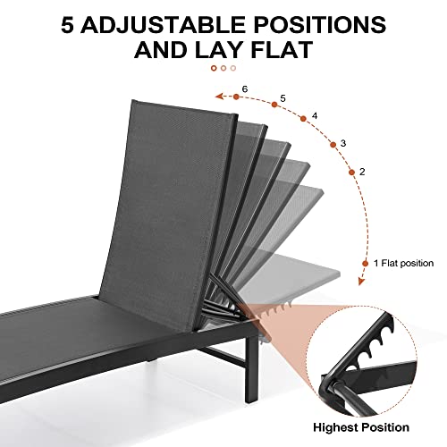 Crestlive Products Lounge Chair Outdoor Set of 2, Aluminum Pool Chaise Lounge Chairs, Adjustable Five-Position Tanning Recliner, All Weather for Patio, Beach, Yard, Pool (Black)
