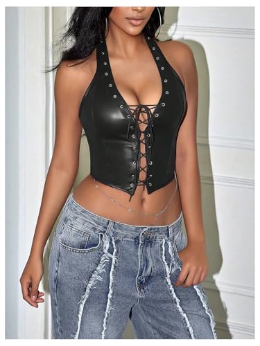 Image of WDIRARA Women's Punk PU Leather Halter Top Grommet Eyelet Tie Front Corset Crop Top