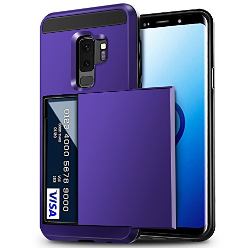 Galaxy S9 Plus Case, Anuck Shockproof Galaxy S9 Plus Wallet Case Card Pocket Anti-Scratch Hard Shell Soft Rubber Bumper Protective Cover with Card Holder Slot for Samsung Galaxy S9 Plus - Purple