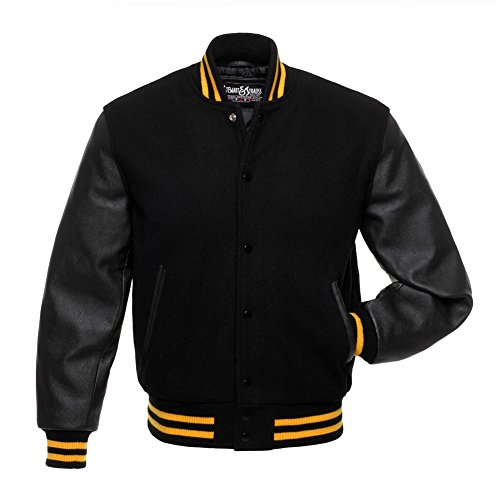 Varsity Letterman Jacket Black Wool & Black Leather,C116-XS