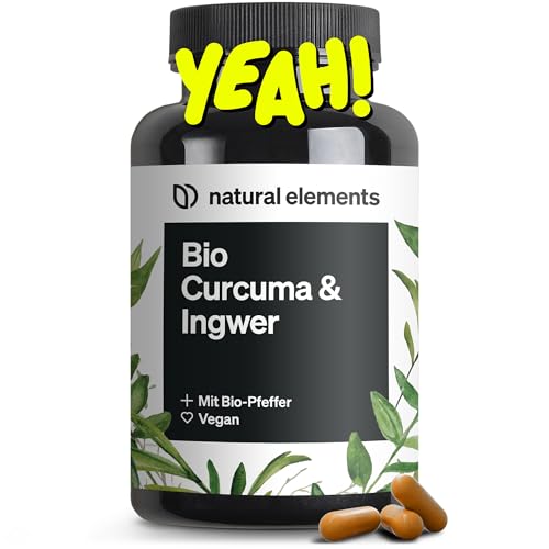 natural elements Bio Curcuma & Ingwer – 180 Kapseln – Bio Kurkuma, Bio Ingwer & Bio Pfeffer – mit Curcumin & Piperin – hochdosiert – in Deutschland produziert & laborgeprüft Vegan