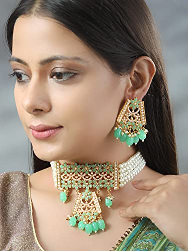 Mint Green Pearls Stones Studded Plated Choker Set