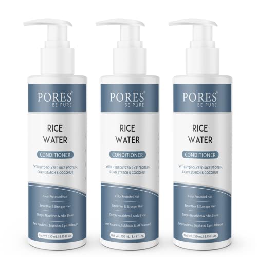 Image of PORES Be Pure Rice Water Hair Conditioner with Hydrolyzed Rice Protein, Corn Starch & Coconut | Deep Nourishment & Shine | Anti Hair Fall Conditioner for Strong, Thick & Frizz-Free Hair | For All Hair Types - Men & Women - ( 250 ml X 3 )
