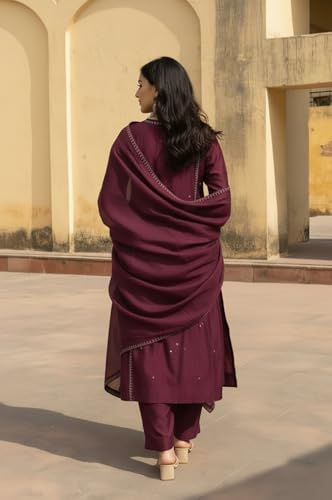 Image of ANNI Designer Women Ethnic Kurta Pant Set Rayon Viscose Straight Fit Solid Embroidered Dupatta Traditional Indian Wear Outfit Suitable Casual Festive Office Styling