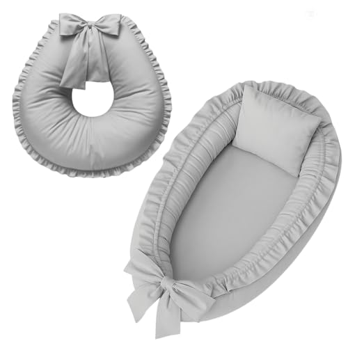 Ninho redutor de berço e Almofada de Amamentação Percal 100% Algodão (Cinza)