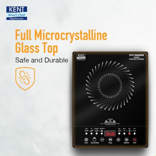 Image of KENT Diamond Induction Cooktop 2000W|8 Preset Menu|Full Microcrystalline Glass|Feather Touch Buttons & Led Display|Milk Boiling & Keep Warm Function|Overheat Protection & Auto Turn-Off, Radiant,Black