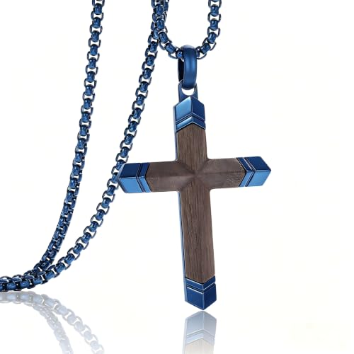 Image of Wooden Cross Necklace for Men with Stainless Steel Adjustable Chain 24-26in, Christian Wood Crucifix Pendant Gift for Him