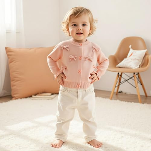 Beauace Baby Mädchen Strickjacke mit Knöpfen 3D Schleifen Druck Pullover Rundhalsausschnitt Strickpullover Weiche Winter Babykleidung (Rosa, 12-18 Months)