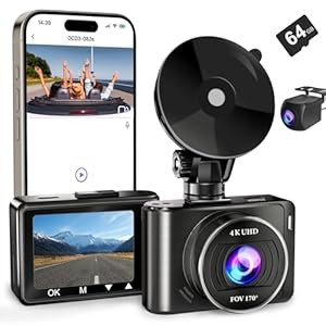 Dash Camera, 4K/1080p Dash Cam Front Rear Built-in WiFi, with 64GB SD Card, Full HD 2.0” IPS Screen Dash Camera for Cars with App Control, G-Sensor, Loop Recording, Parking Mode