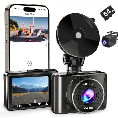 Dash Camera, 4K/1080p Dash Cam Front Rear Built-in WiFi, with 64GB SD Card, Full HD 2.0â IPS Screen Dash Camera for Cars with App Control, G-Sensor, Loop Recording, Parking Mode
