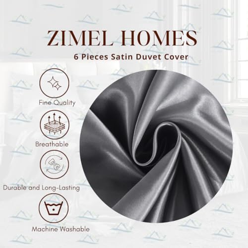 Six Pieces Satin Bedding Sets Duvet Cover, Fitted Sheet, 4 Pillow cases | Double, King and Super King Complete Silky Bedding Set (Silver, Double)