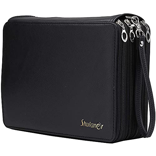 Shulaner 200 trous PU Trousse Housse en Cuir Multicouche grande capacité Poche Stationnaire Trousse pour Crayons d'aquarelle, Crayons et Stylo à bille - Noir Cover