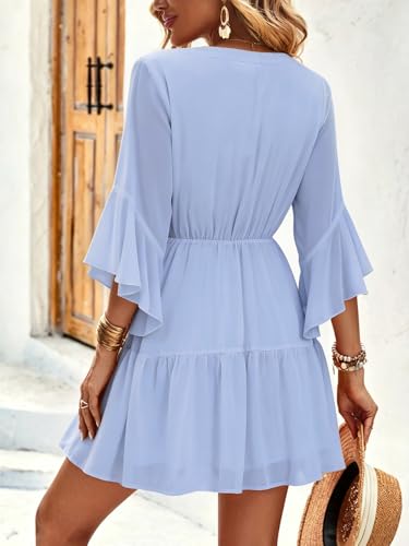 Image of Womens Spring Summer Mini Dress Western Ruffled Sleeve Chiffon V Neck Flowy A Line Short Wedding Guest Party Dresses