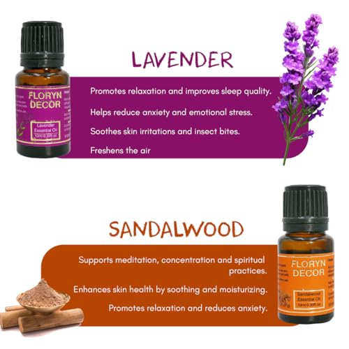 Image of Floryn Decor Pure Essential Oil | Aroma Oils for Home Fragrance | Essential Oil Diffuser for Home (Lavender, Rose, Jasmine, LemonGrass, Sandalwood, 10 ml (Pack of 5))