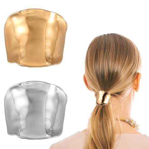 HJZHII 2 Pcs Gold Ponytail Holder Hair Cuff, Silver Metal
