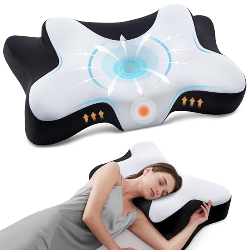 DONAMA Nackenstützkissen zum Schlafen, ergonomisches Nackenkissen für Seiten-, Rücken- und Bauchschläfer mit abnehmbarem und waschbarem Kissenbezug (Schwarz-Weiß, 66x37x13 cm)