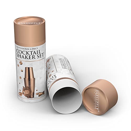 Professional Boston Cocktail Shaker Set | 4-Piece Bar Set | Stainless Steel 304 | 28Oz/18Oz Weighted Shaker Tins | Hawthorne Strainer | Double Sided Jigger | Recipe Booklet | Bartender Kit (Copper) #TOP5