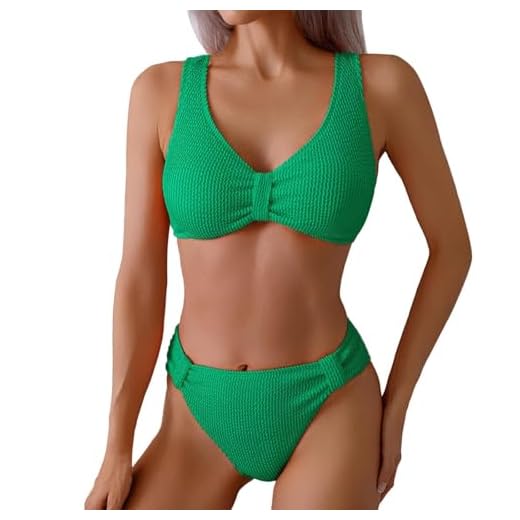 Femme Maillots de Bain Deux Pièces Push-up Ensembles Deux pièces Couleur Unie Chic Taille Haute Bikini Set Col V Élégant,Vert,S,f2834r