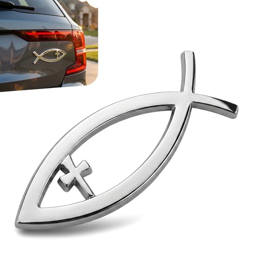 Bouzuny Christian Cross Fish Car Emblem, Metal Ichthus Religious Decal with Cross, 3.94" × 1.3" Weatherproof Badge Sticker, Universal Decor Accessories for Cars, Trucks and Vehicles (Silver)