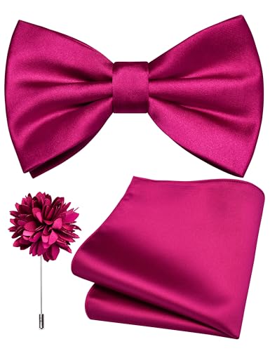 Branduce Fuchsia Pink Bow Tie for Men Wedding Solid Satin Silk Blend Bowtie Pocket Square and Lapel Pin Brooch Set (BB07-03)
