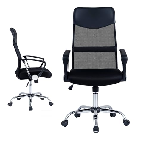 KOMFOTTEU Silla de Oficina Giratoria, Silla Escritorio Ergonómica con Altura Ajustable 112 122 cm, Respaldo de Malla, Reposabrazos, Ruedas, Función Balanceo, Sillón de Oficina en Casa, Carga 150 kg