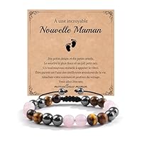 VGWON Cadeau Future Maman, Bracelet Pierre Naturelle Femme, Quartz Rose, Hématite, Oeil de Tigre, Idee Cadeau Femme, Fête des Mères, Anniversaire Noel Original Utile, Cadeaux pour Future Maman