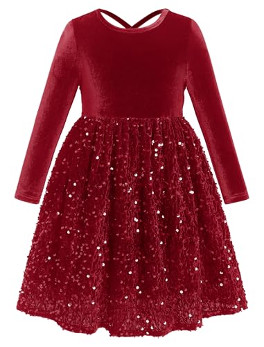 Toddler Girls' Velvet Sequin Dress Christmas Party Dresses Long Sleeve Crew Neck Ruffle Dress Fall Winter with Pockets