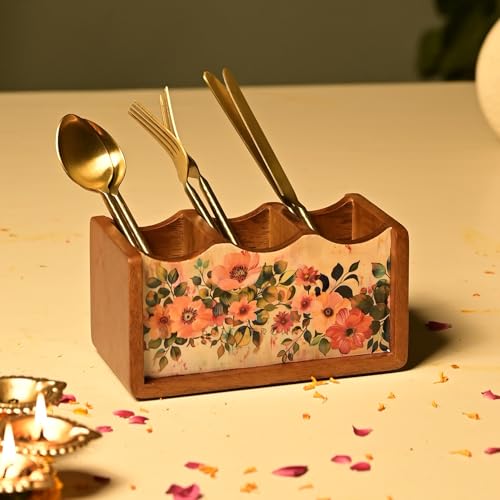 Image of Brick Brown Premium Wooden Pastel Flora Cutlery Holder Spoon stand for kitchen | cutlery holder for dining table | wooden caddy storage organiser stand with 3 section Caddy holder (8.2x4.2x4 inch)